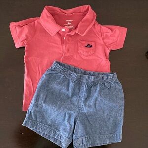 Carters red polo shirt and denim pull on shorts